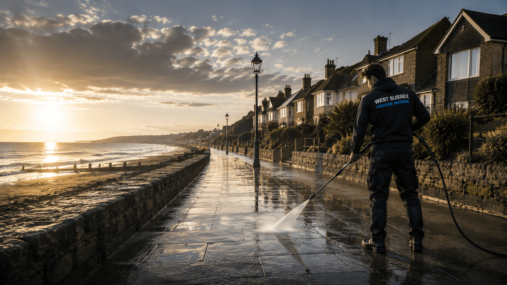 West Sussex pressure washing team cleaning a seafront walkway