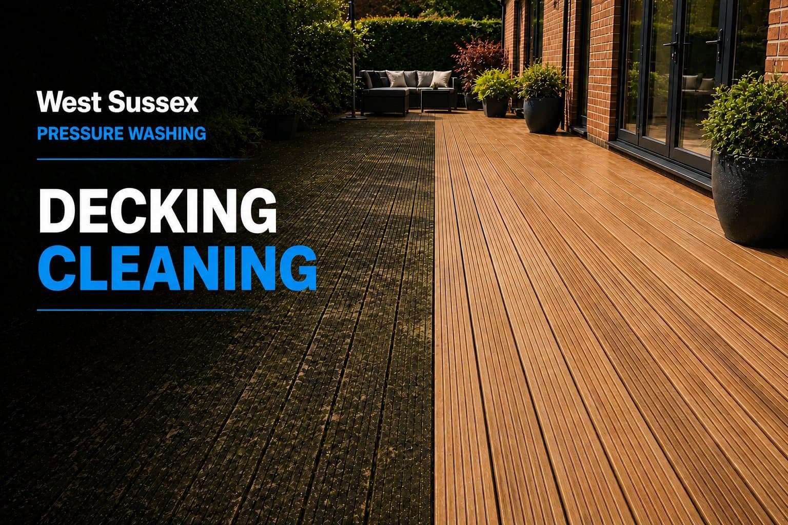 Example of timber decking cleaned at a controlled pressure